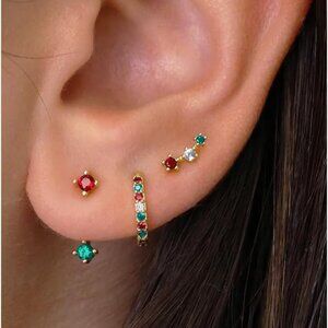 Gold Plated Stud Huggie Earrings Stack for Women Trendy, 3 Pairs Small Cute Hoop